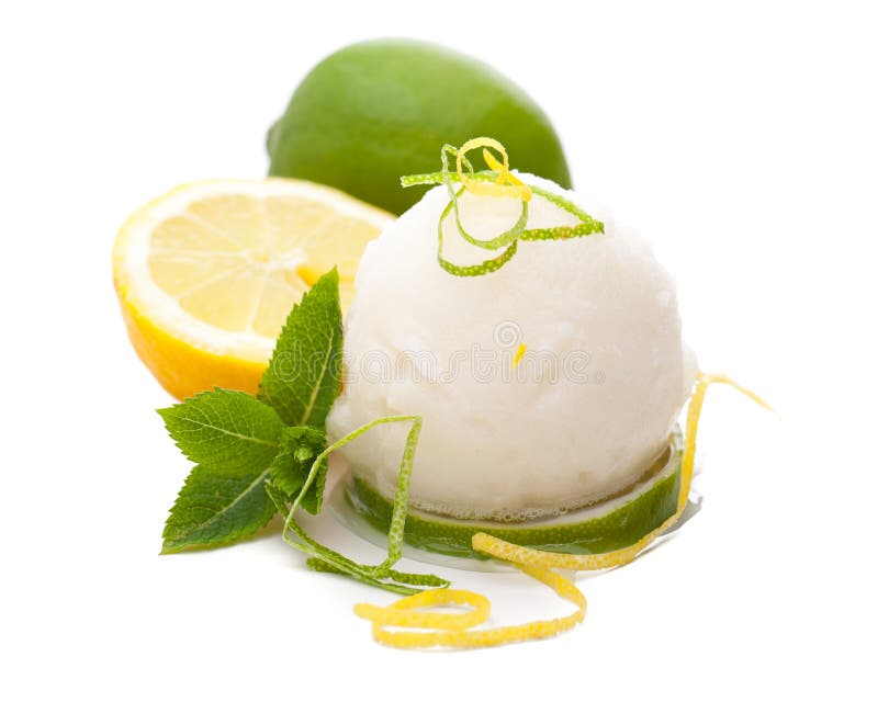 A single scoop of lemon ice cream with lemons and decoration in white background royalty free stock images A single scoop of lemon ice cream with lemons and decoration in white background royalty free stock images