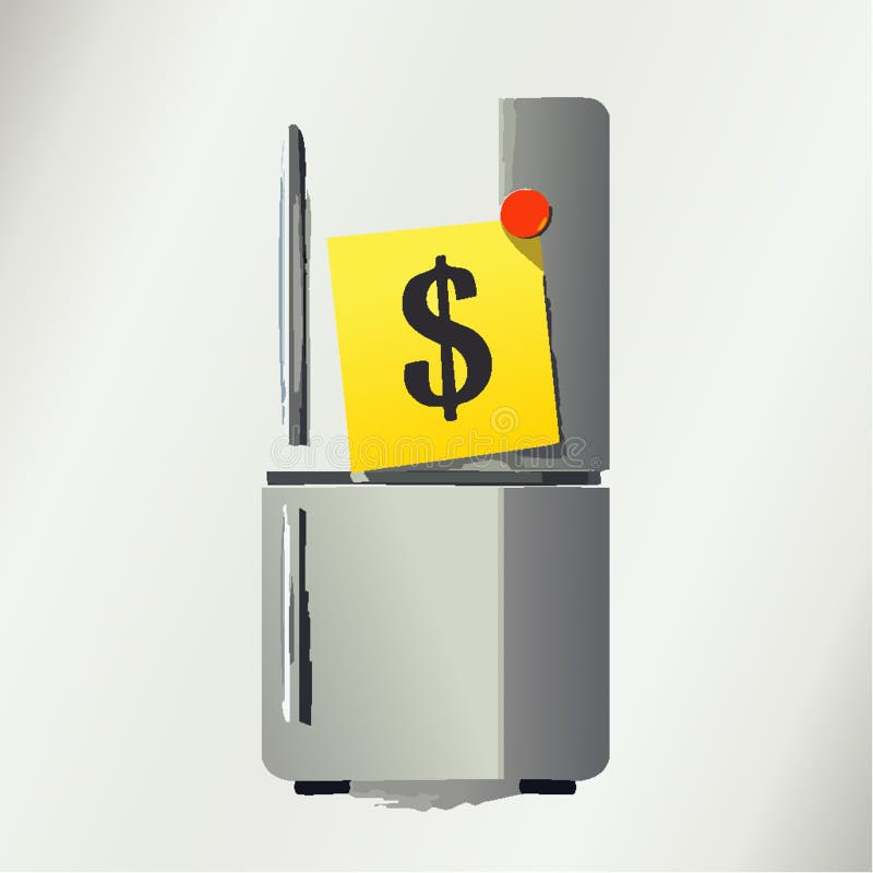 A single sticky note with a dollar sign is attached to a fridge, reminding about expenses. Sign estimate vectors
