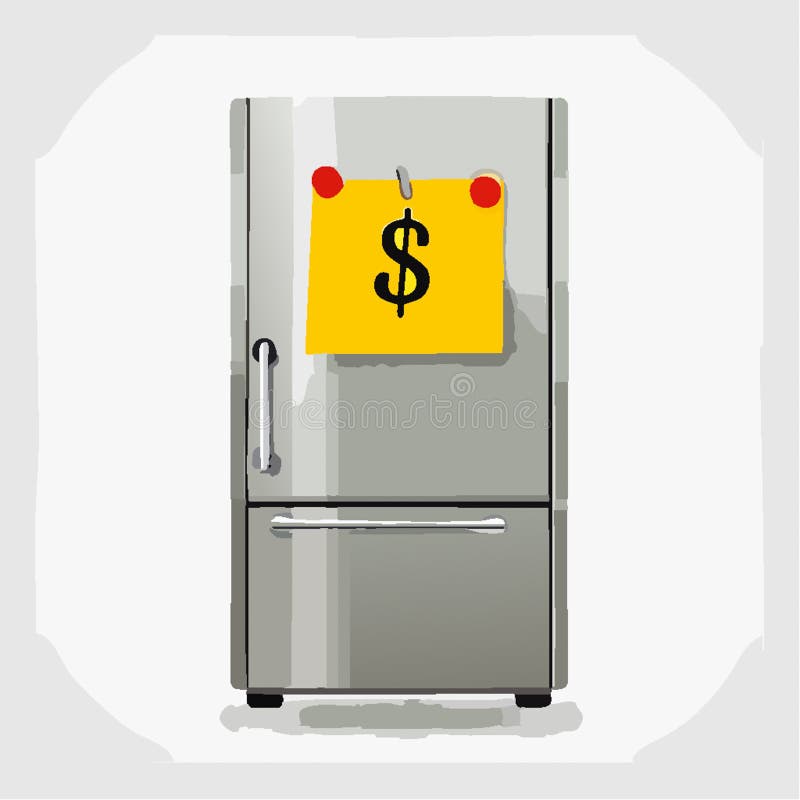 A single sticky note with a dollar sign is attached to a fridge, reminding about expenses. Sign estimate vectors