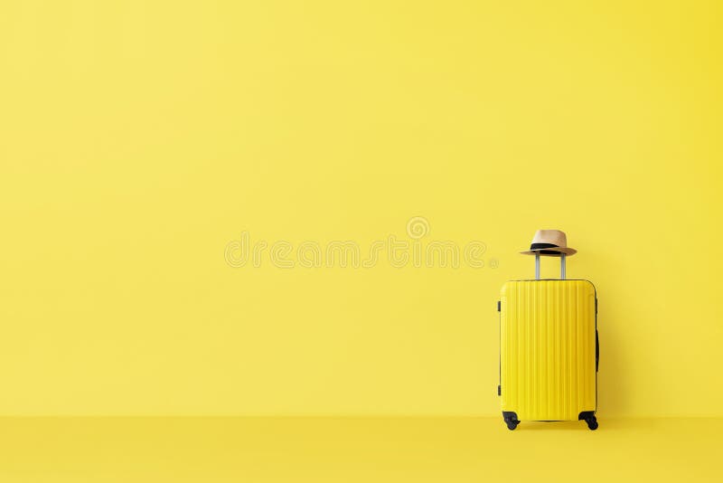 Single suitcase in empty yellow room stock photo