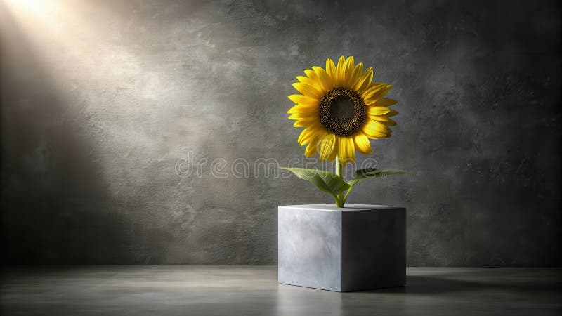 Single sunflower in a gray cube against a textured background. Generative AI vector illustration