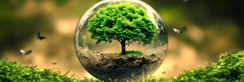 A single tree symbolizing life and growth is protected within a transparent sphere representing the importance of preserving stock illustration
