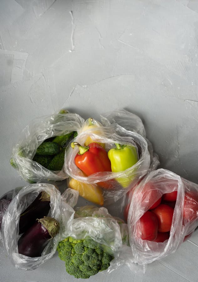 Single Use Plastic Packaging Issue. Vegetables in Plastic Bags. Zero