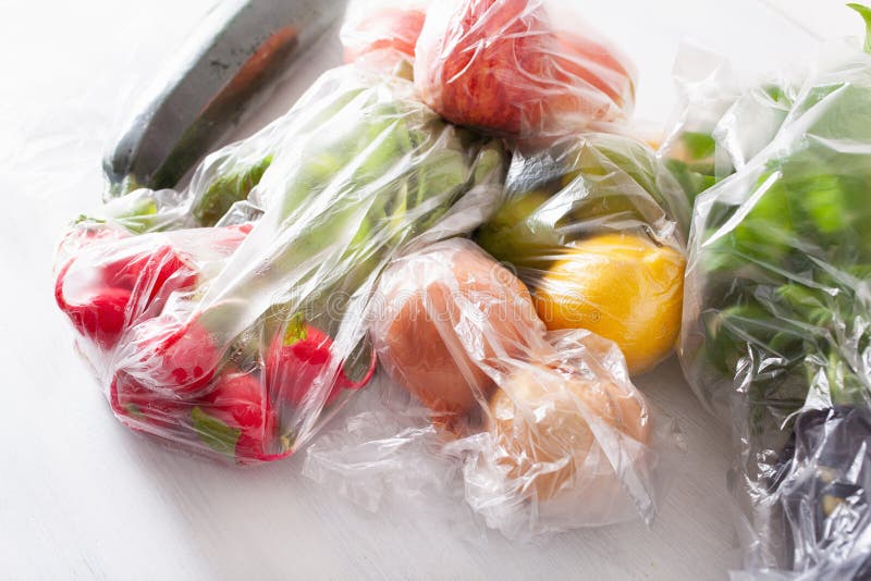 Single Use Plastic Waste Issue. Fruits and Vegetables in Plastic Bags