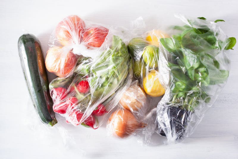 Single Use Plastic Waste Issue. Fruits and Vegetables in Plastic Bags