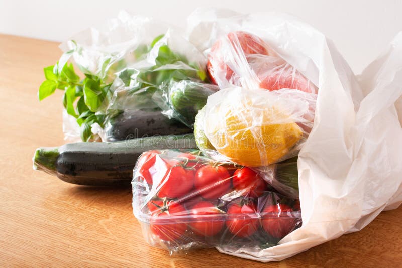 Single Use Plastic Waste Issue. Fruits and Vegetables in Plastic Bags Stock Image Image of
