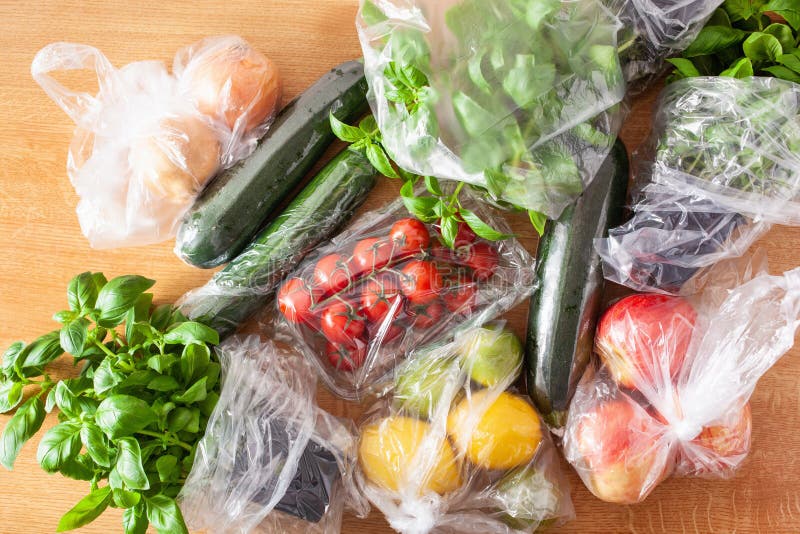 Single Use Plastic Waste Issue. Fruits and Vegetables in Plastic Bags