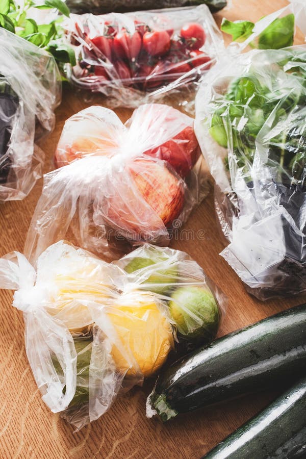 Single Use Plastic Waste Issue. Fruits and Vegetables in Plastic Bags