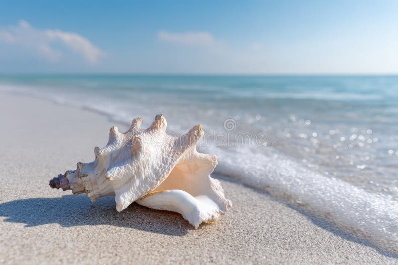 Single white conch shell resting on smooth beach shore with gentle waves and clear blue sky creating peaceful scene royalty free stock photos