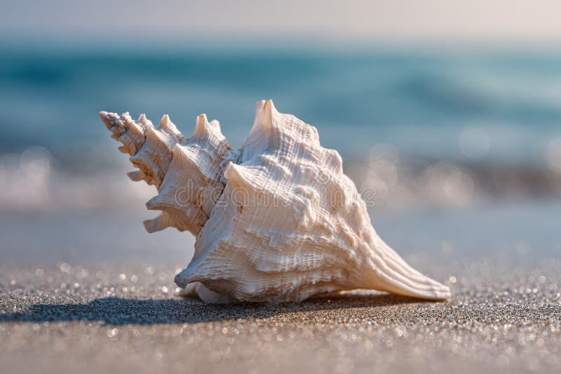 Single white conch shell resting smooth beach surface with blurred ocean background, evoking calm and peaceful seaside feeling royalty free stock images