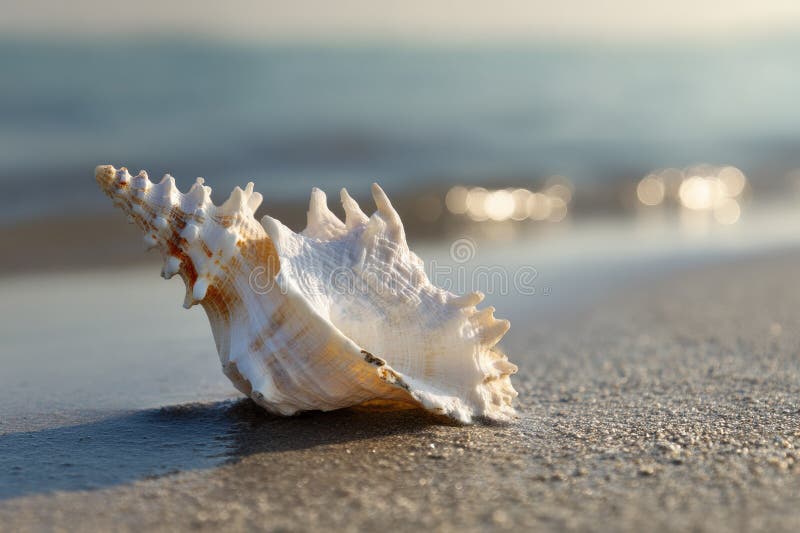 Single white conch shell resting on smooth beach surface with soft sunlight and blurred ocean background creating calm mood royalty free stock photos