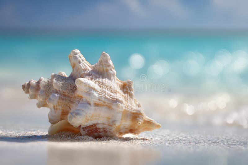 Single white conch shell resting on smooth beach surface with turquoise sea and bright bokeh light in background royalty free stock image