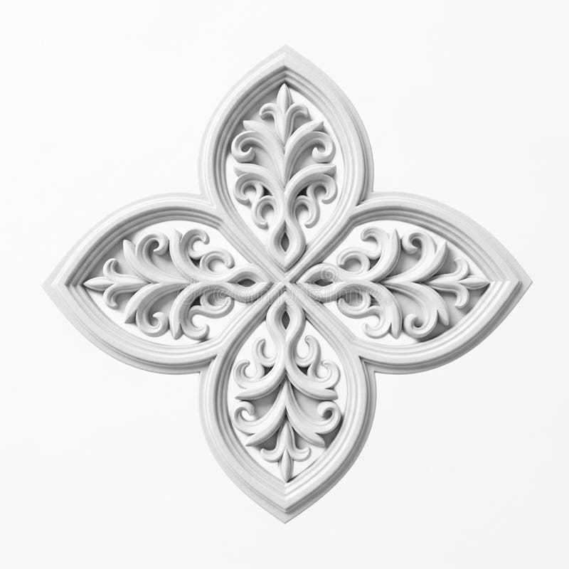 Ornate White Decorative Plaster Element with Intricate Floral Scrollwork on White Background stock illustration