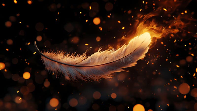 White feather burning in flames with floating embers on dark background stock photography