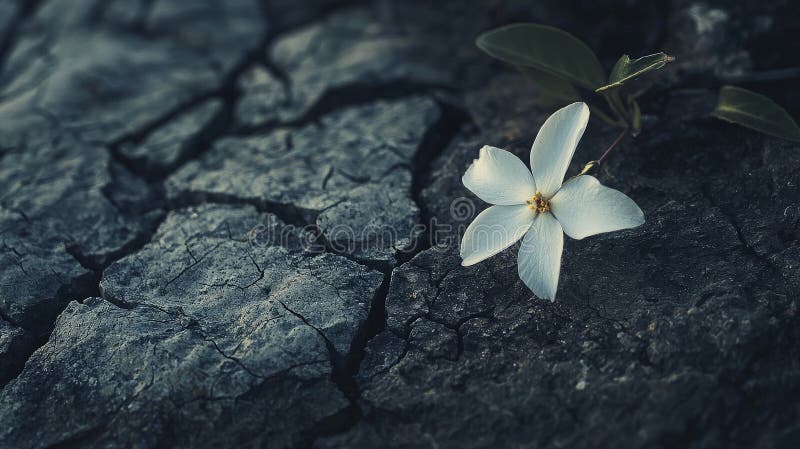 Single white flower on cracked earth stock images