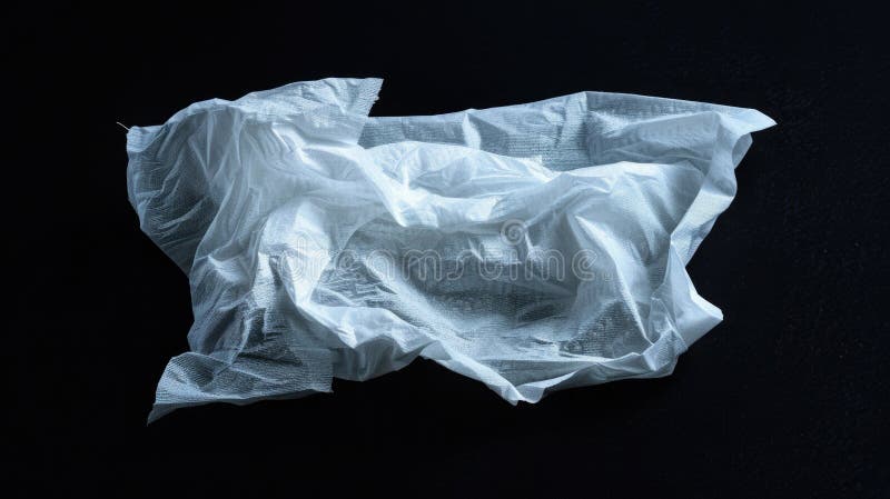 A single white plastic bag sits on a black surface stock photo