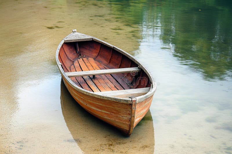 A Single Wooden Boat Anchored in the Shallow Waters of a Lagoon Stock A Single Wooden Boat Anchored in the Shallow Waters of a Lagoon Stock