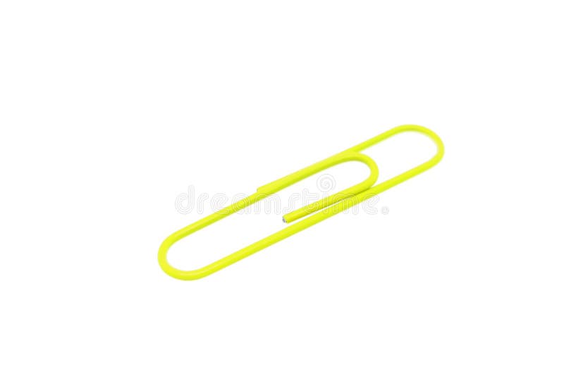Single Yellow Paper Clip On A White Background. One Paper Clip Image