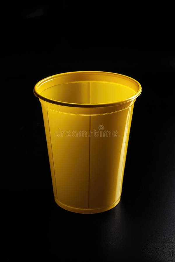 A single yellow plastic cup sitting on a dark black surface royalty free stock photography