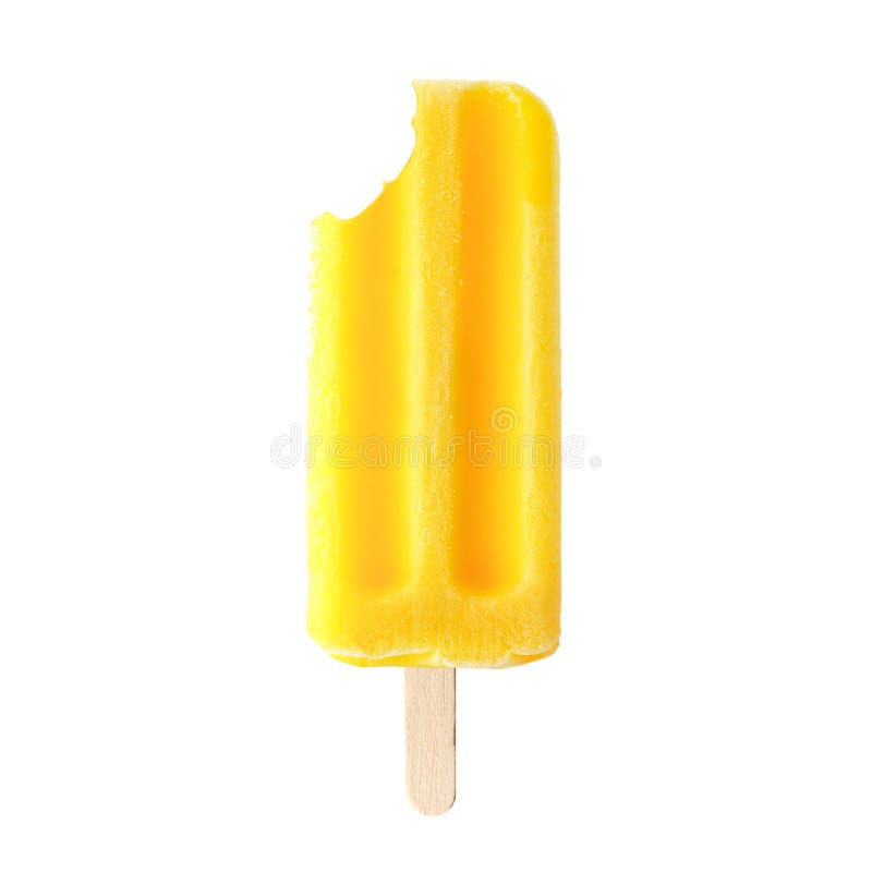 Single yellow summer popsicle with bite removed, isolated on a white background. Single yellow summer popsicle with bite removed, isolated on a white background