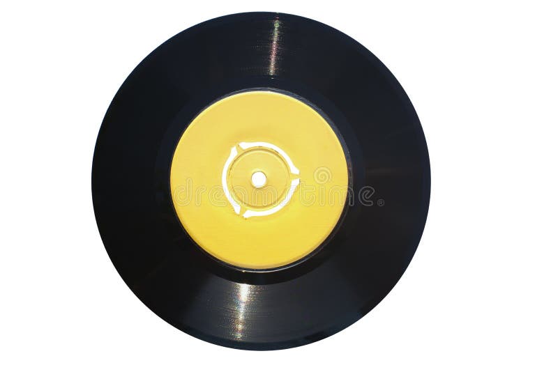 Single vinyl record 45 rpm with empty yellow label suitable for texts. Isolated on white background. Clipping path included!. Single vinyl record 45 rpm with empty yellow label suitable for texts. Isolated on white background. Clipping path included!