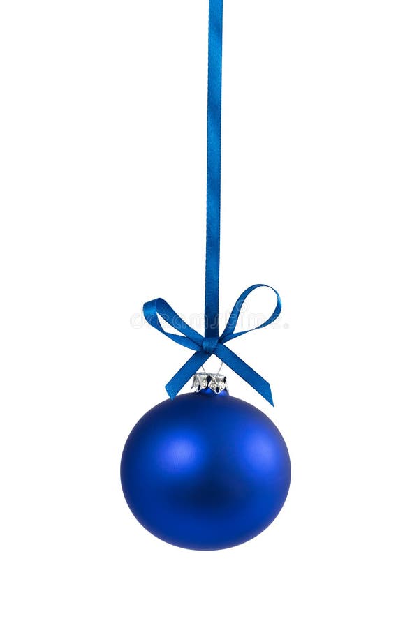 Blue christmas ball hanging on ribbon with bow, isolated on white. Blue christmas ball hanging on ribbon with bow, isolated on white.