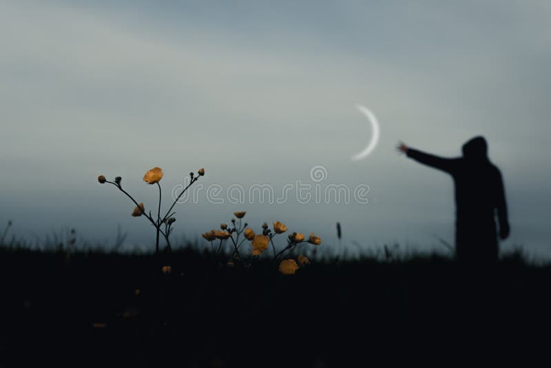 A sinister hooded figure standing in a field, out of focus. With a low camera angle. Reaching out to a crescent moon