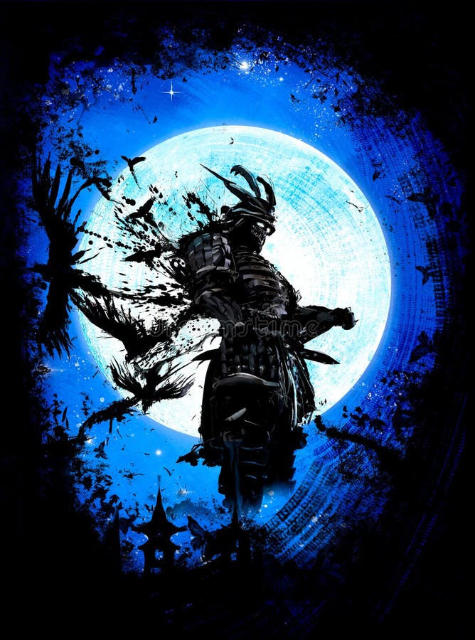 Sinister samurai stands proudly against the background of a huge moon. Sinister samurai stands proudly against the background of a huge moon