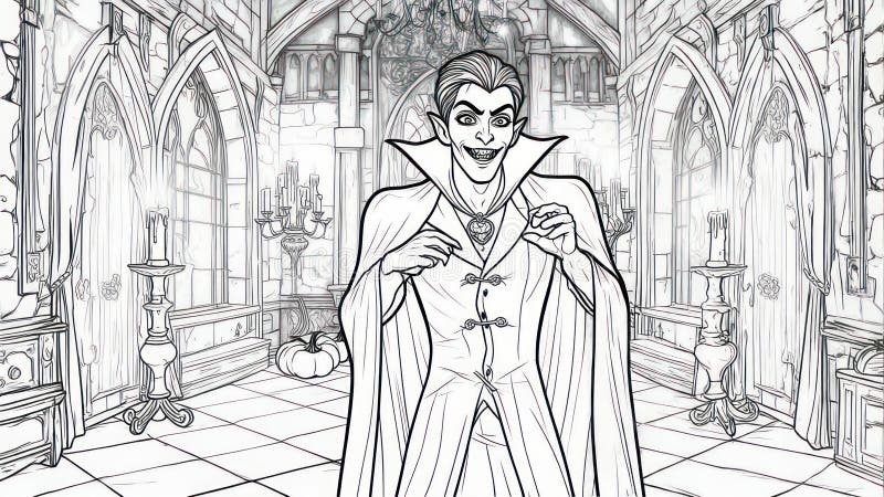 Sinister Vampire in Gothic Castle Interior Illustration royalty free stock image