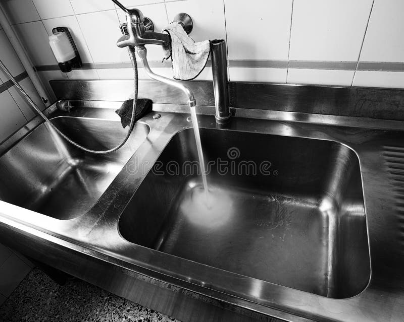 Sink with the Water Tap Opened in Restaurant Stock Photo Image of