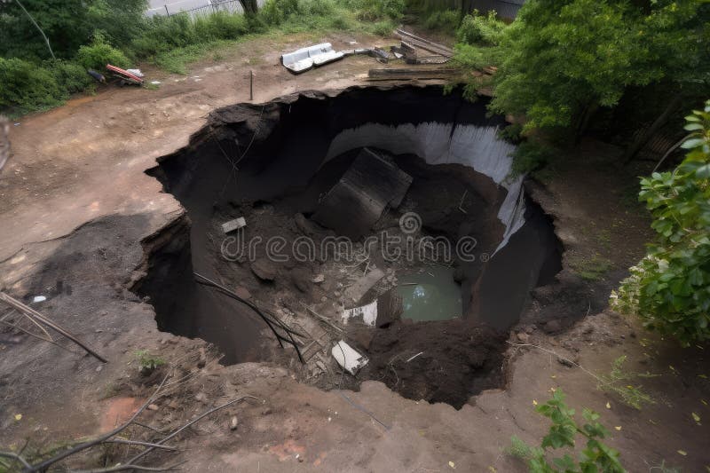 Sinkhole with Debris and Rubble Spilling into the Bottomless Pit Stock