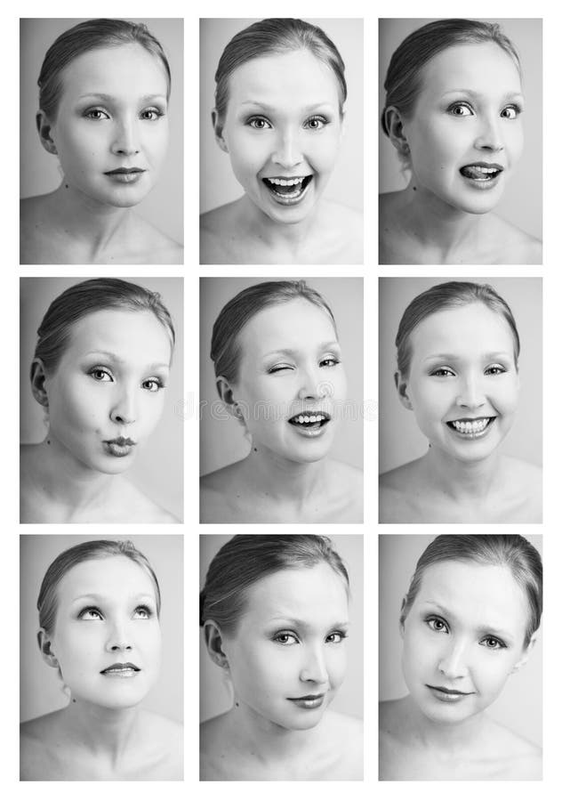 Matrix of emotions: nine black and white portraits of pretty girl with various facial expressions. Matrix of emotions: nine black and white portraits of pretty girl with various facial expressions