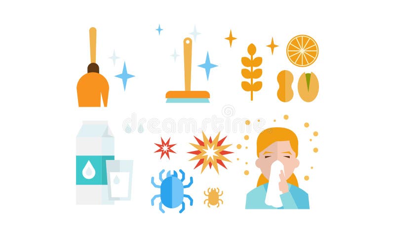 Sintomi di allergia ed insieme delle icone di trattamento, reazione allergica da spolverare, alimento, prodotti lattier-caseario, royalty illustrazione gratis Sintomi di allergia ed insieme delle icone di trattamento, reazione allergica da spolverare, alimento, prodotti lattier-caseario, royalty illustrazione gratis
