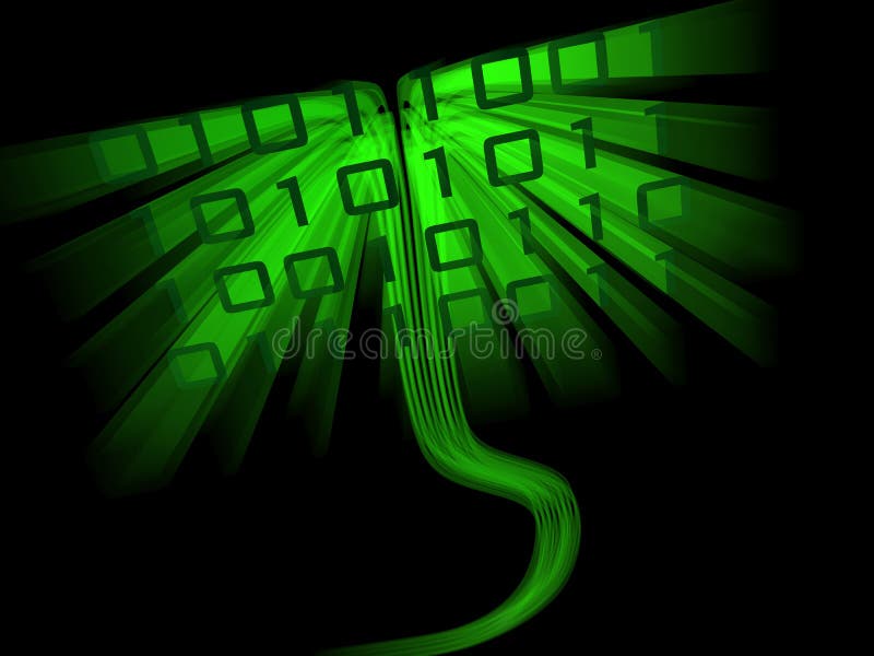 Sinuous binary code data flowing through cyberspace. Flowing green illustrations