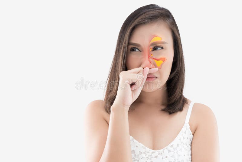 Asian woman in white wear feeling unwell and sinus against white background, Dust Allergies, Flu, People caught cold and allergy