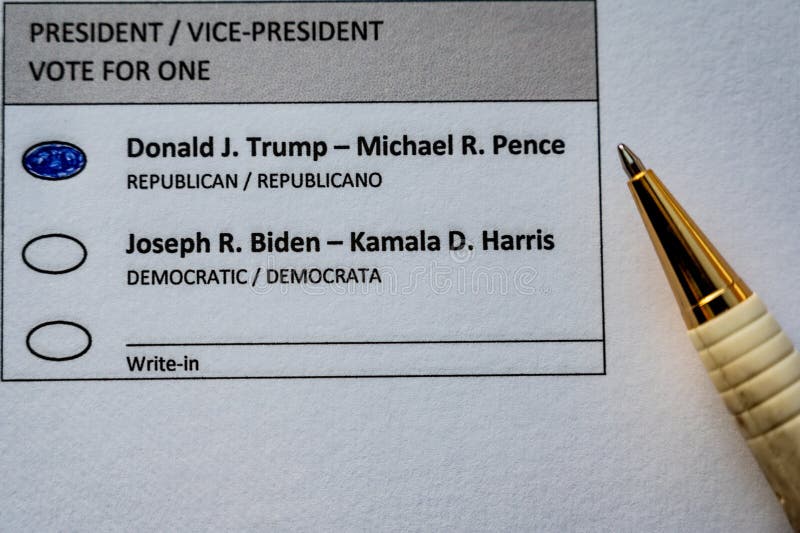 Sample ballot for 2020 US president completed for a vote for Donald Trump. Sample ballot for 2020 US president completed for a vote for Donald Trump