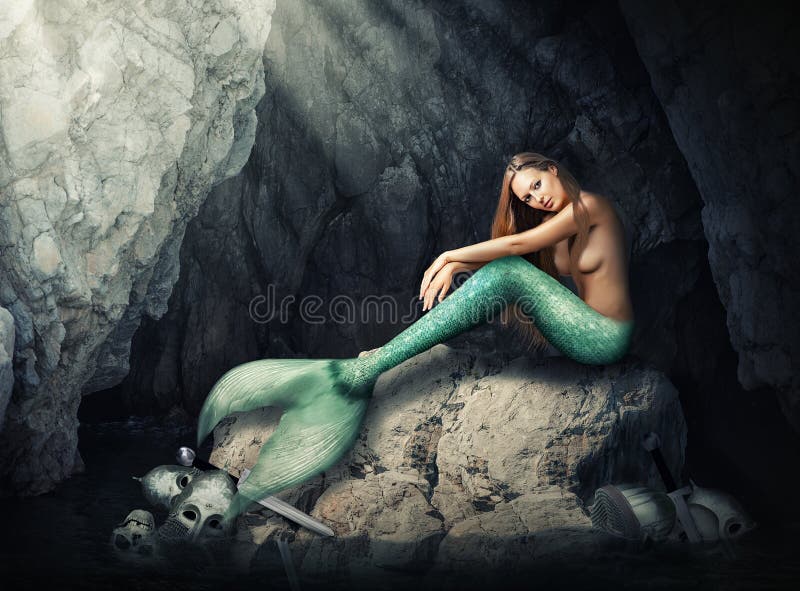 Sirena hermosa de la mujer que se sienta en cueva ilustración del vector Sirena hermosa de la mujer que se sienta en cueva ilustración del vector