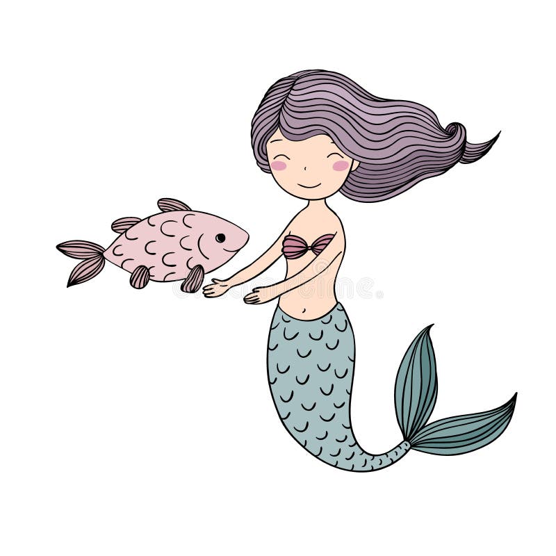 Sirena linda hermosa de la historieta con el pelo largo Sirena Tema del mar libre illustration Sirena linda hermosa de la historieta con el pelo largo Sirena Tema del mar libre illustration