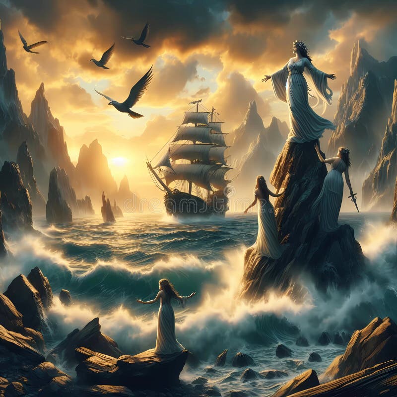 Greek mythology sirens stock illustration. Illustration of clouds