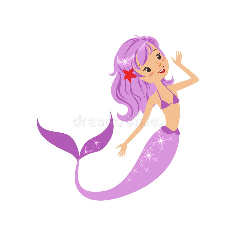 Sirenă colorată cu păr violet și coadă lungă de pește. fată mitică fericită care înoată sub apă. mare și ocean vector illustration