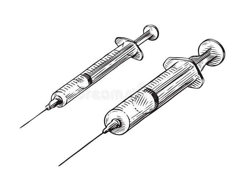 Syringe with vaccine, hand drawn sketch. Medicine, drug vintage vector. Syringe with vaccine, hand drawn sketch. Medicine, drug vintage vector