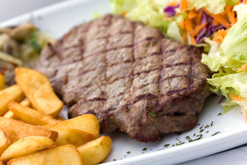 Sirloin steak with chips ,mushrooms,salad