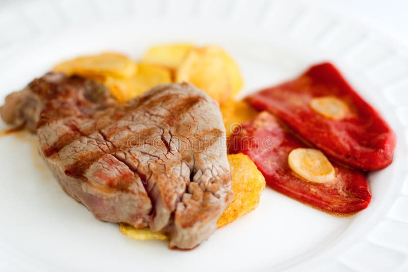 Sirloin Steak with Fries and Red Peppers Stock Photo Image of open