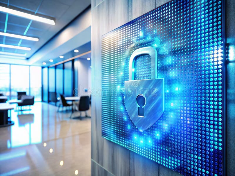 Sistem avansat de securitate Panou albastru holografic complex într-un mediu modern de birou vector illustration