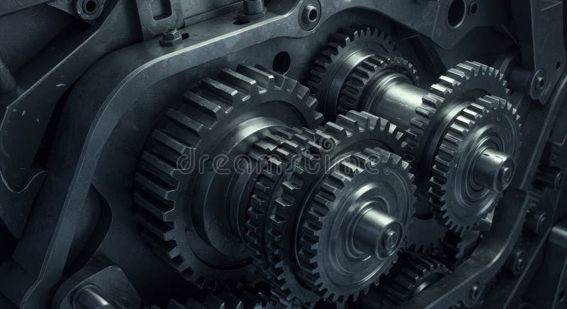 Prim-plan cu Sistem de Angrenaje de Precizie. Prim-plan detaliat cu angrenaje metalice complicate, interconectate într-un sistem c royalty free illustration