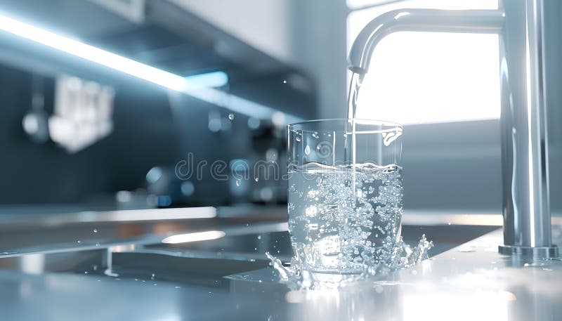 Sistem modern de filtrare a apei, elegant, instalat sub un chiuvetă de bucătărie, cu apă cristalină care curge dintr-un robinet royalty free stock photo