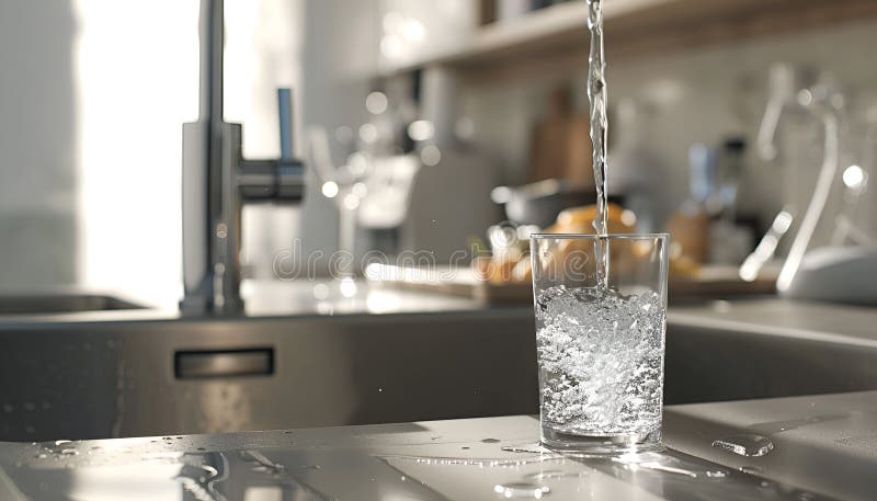 Sistem modern de filtrare a apei, elegant, instalat sub un chiuvetă de bucătărie, cu apă cristalină care curge dintr-un robinet royalty free stock image
