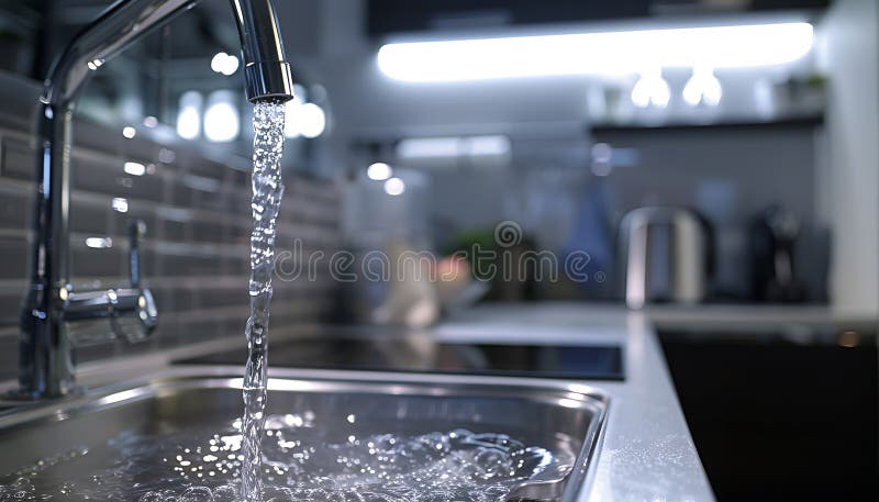 Sistem modern de filtrare a apei, elegant, instalat sub un chiuvetă de bucătărie, cu apă cristalină care curge dintr-un robinet stock image