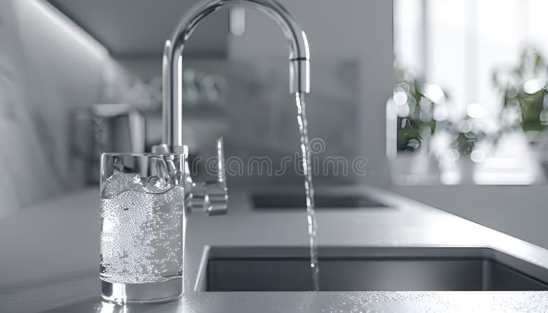 Sistem modern de filtrare a apei, elegant, instalat sub un chiuvetă de bucătărie, cu apă cristalină care curge dintr-un robinet stock image