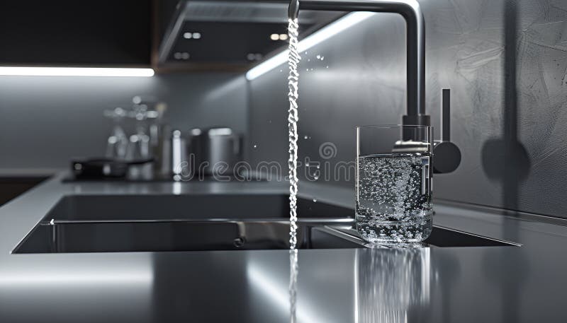 Sistem modern de filtrare a apei, elegant, instalat sub un chiuvetă de bucătărie, cu apă cristalină care curge dintr-un robinet stock photos